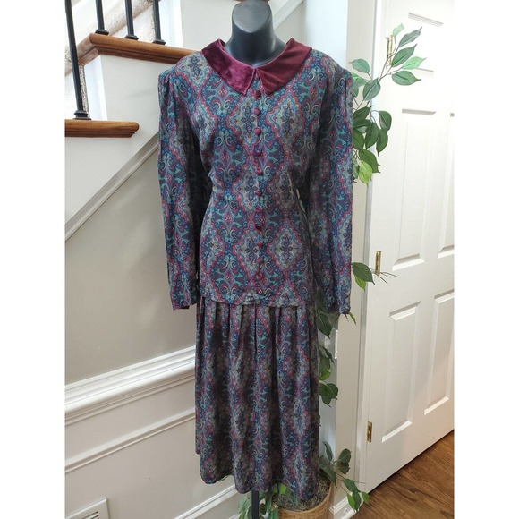 Vintage Kathie Lee Collection Multicolor Rayon Long Sleeve Knee Length Dress L - Picture 1 of 11